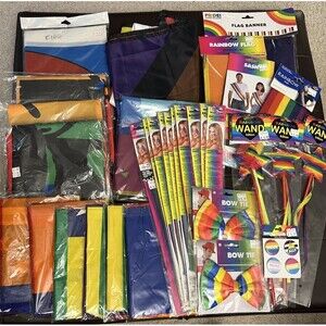38 Pcs HUGE Pride Flag Rainbow LOT, Flags, Sashes, Wands, Bow Ties, Pins Etc.